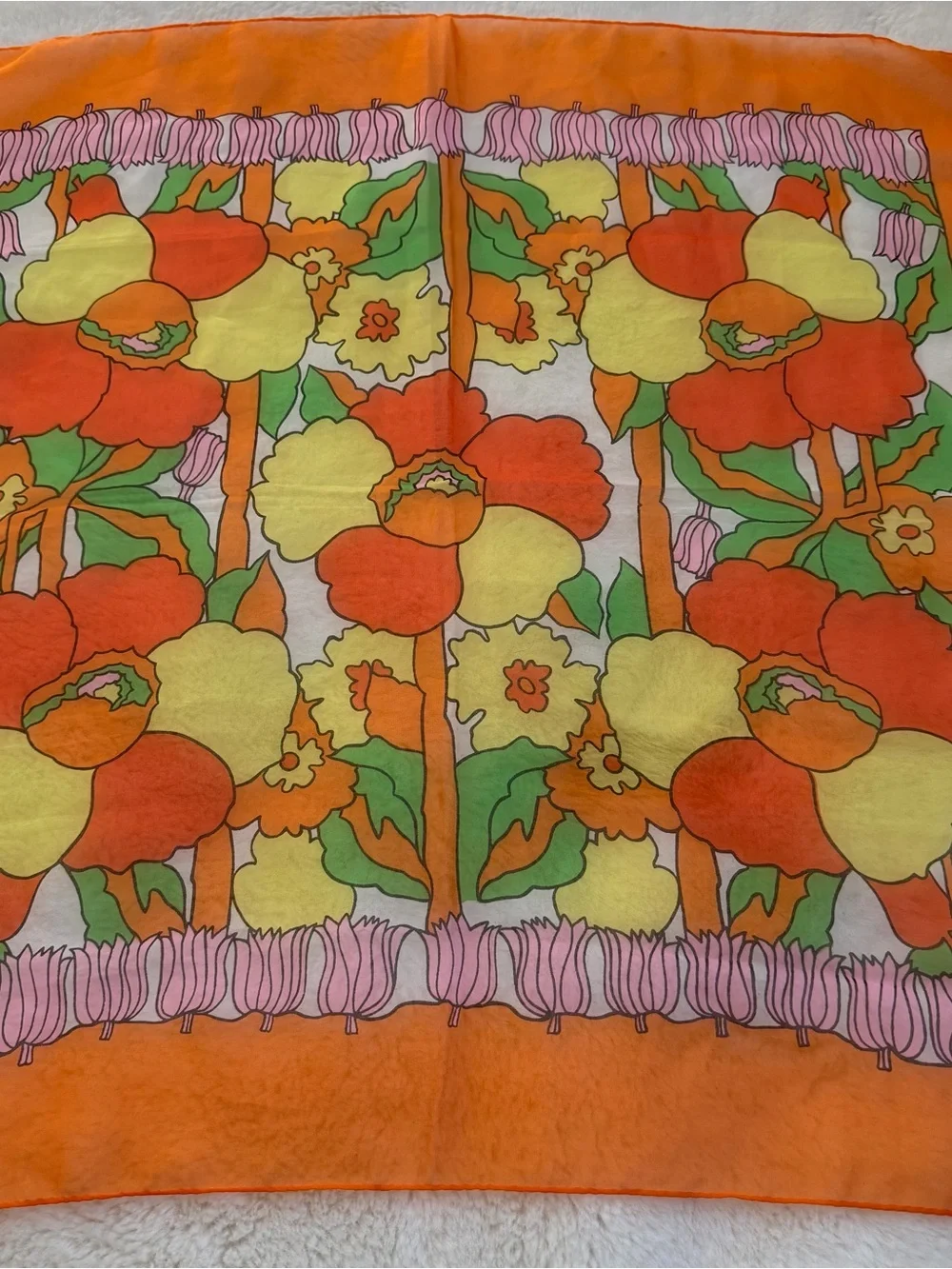 Vintage 1970s Sheer Floral Scarf Orange Flower Power Retro Mod Square